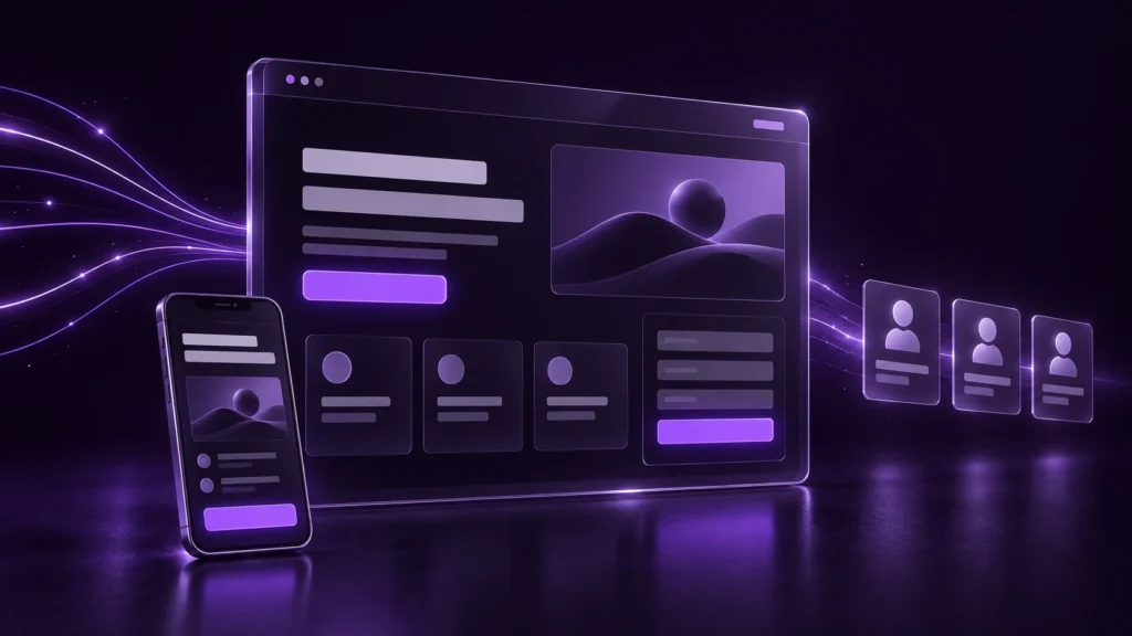 B2B landing page on desktop and mobile, with a purple enquiry form and contact cards.