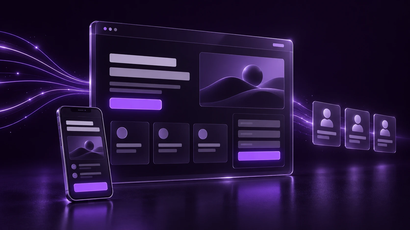 B2B landing page on desktop and mobile, with a purple enquiry form and contact cards.