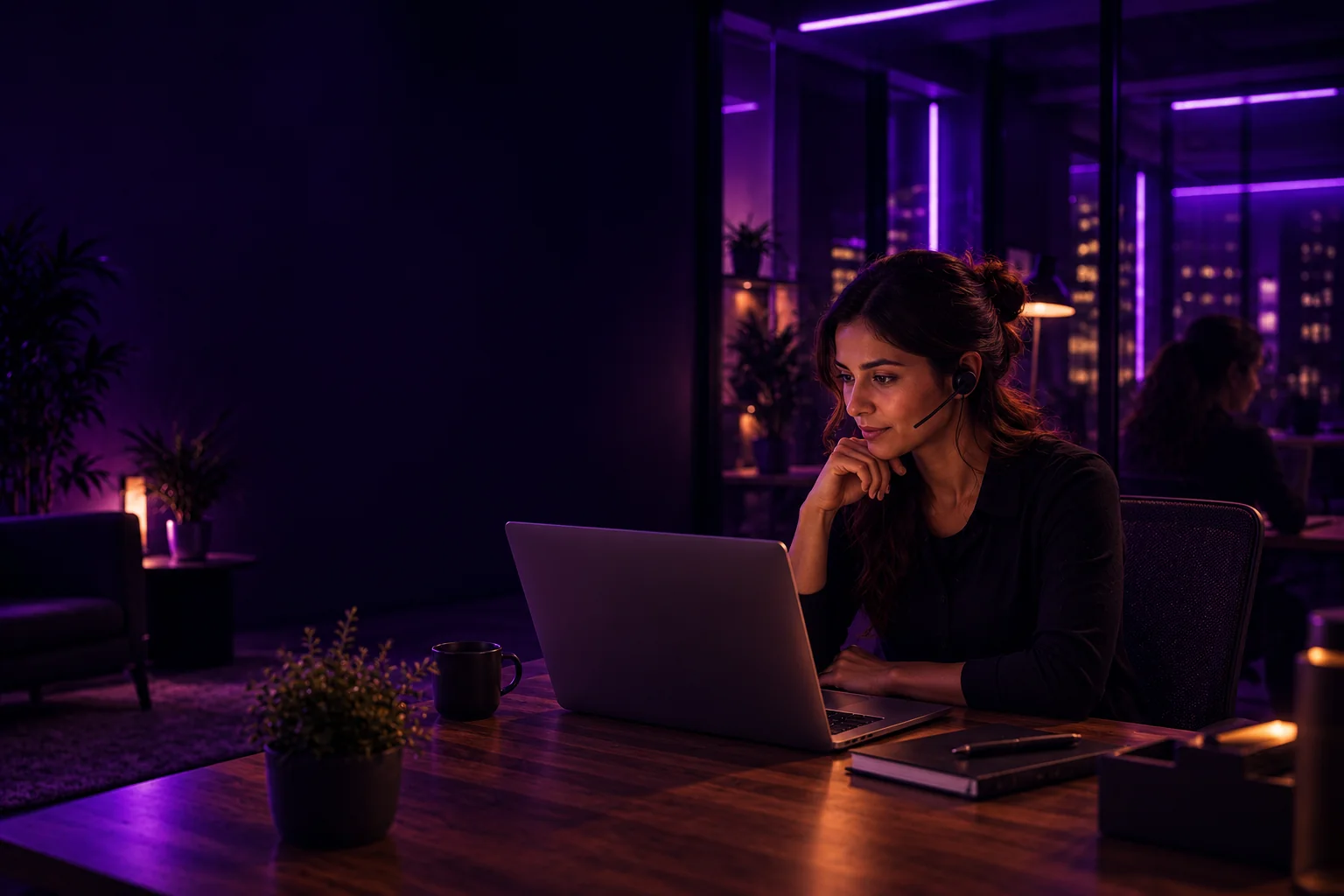 Mera AI receptionist for business handling customer conversations and lead capture in a violet-lit professional setting