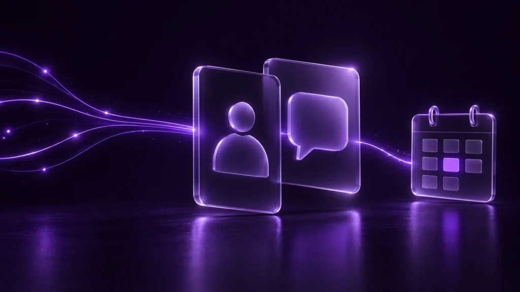 AI voice receptionist call handling, lead qualification and appointment booking in GrowMera purple glass style