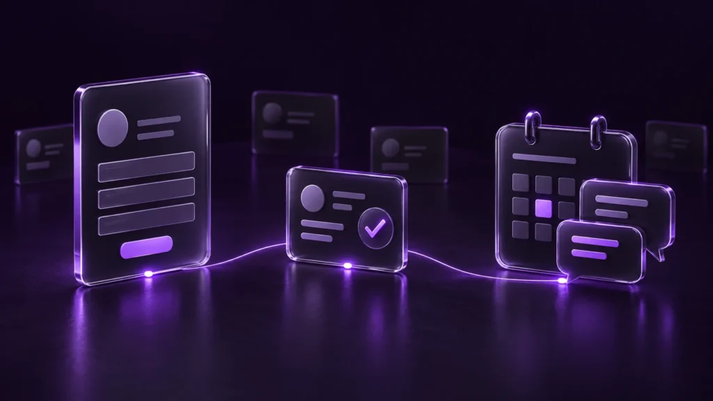 Purple enquiry form, qualified contact card, and calendar illustrating lead qualification and follow-up.