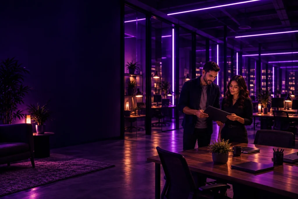 Two professionals reviewing work in an expansive violet-lit studio